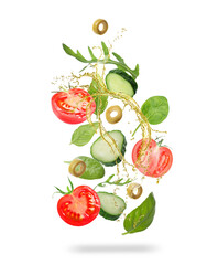 Sticker - Fresh vegetables and oil for salad in air on white background