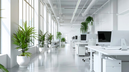 Office interior with green plants, desks and computers, empty modern room with white minimalist design. Theme of business, background, work, space