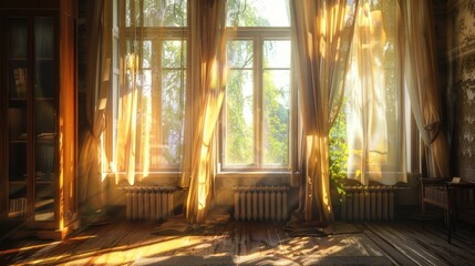 Wall Mural - Background image of sunlit room with sheer curtains and plants by the window. Wooden window with sun light and nature view. Bright and airy home interior design. Design for wallpaper, banner. AIGT2.