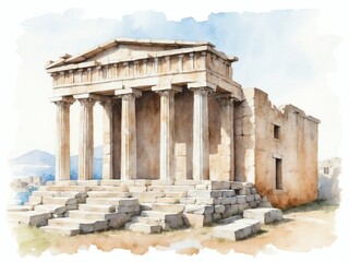 Poster - greek ruins facade exterior watercolor art painting in plain white background clipart