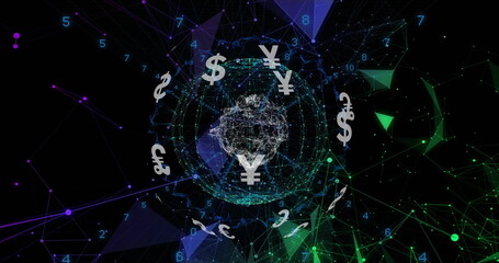 Sticker - Image of globe of connections with currency symbols and data processing on black background