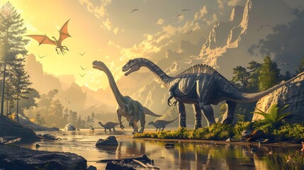 Wall Mural - Illustration of Various Dinosaurs in a Prehistoric Setting