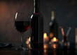 © sornram - Elegant scene with a bottle and glass of red wine on a dark background, illuminated by soft candlelight.