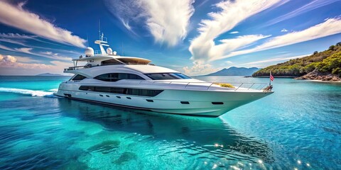 Sticker - Luxury yacht sailing on crystal clear waters, with a sleek bow and elegant finishes, Luxury, yacht, sailing, water, crystal clear