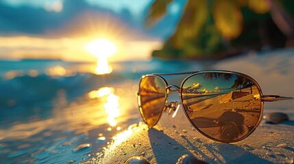 A close-up of a pair of sunglasses on the beach