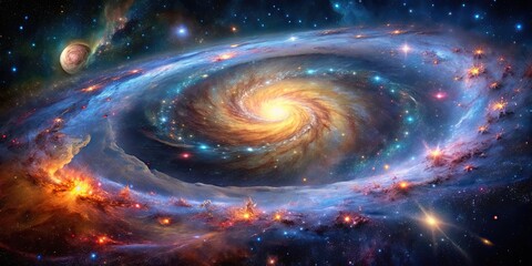 Canvas Print - Dynamic galactic swirls of colorful star fields in the vast cosmos, captured through mesmerizing astrophotography, galaxy