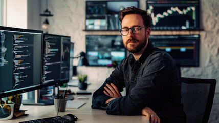 Being a software developer involves working on multiple monitors with a focus in a modern office environment AIG58