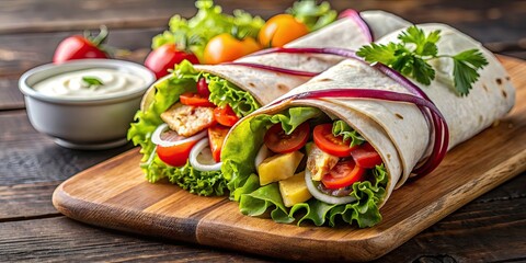 Canvas Print - Grilled chicken wrap with fresh vegetables and sauce, Grilled chicken, wrap, tortilla, vegetables, lettuce, tomato, cucumber