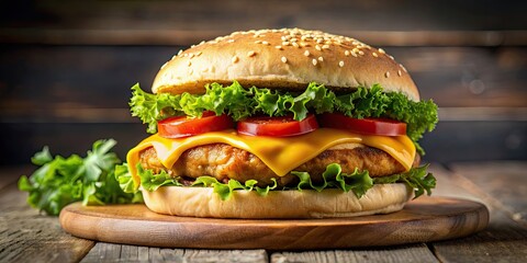 Poster - Juicy grilled chicken burger on a sesame seed bun with lettuce, tomato, and melted cheese , BBQ, food photography