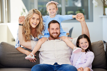 Poster - Happy portrait, parents and kids on sofa for healthy relationship, bonding time and security in family home. Smile, mom and dad with girl children for love support, safety and relax together on couch