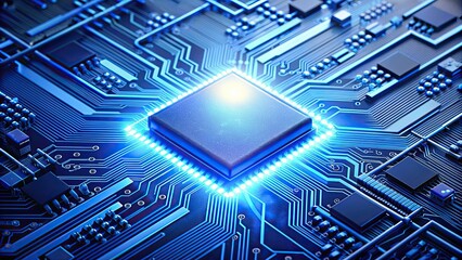 Canvas Print - Glowing microchip emitting light on blue circuit board symbolizing advanced technology, technology, advanced, chip