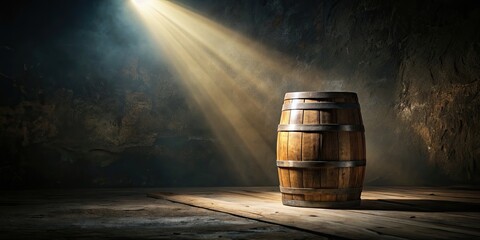 Poster - Mystical sunlit barrel in a dark room, illuminated by a beam of light, mystical, sunlit, barrel, dark room, light, beam