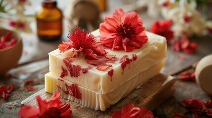 Sticker - Eco friendly organic soaps with red floral design and essential oils