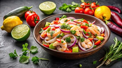 Sticker - Fresh and zesty shrimp ceviche dish with lime, onions, cilantro, and peppers , seafood, appetizer, Latin American, marinated, citrus