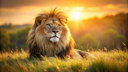 Sticker - Majestic lion with full mane resting in grassy field under warm sunlight, lion, majestic, mane, grassy field