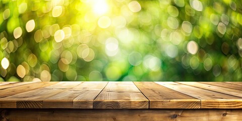 Poster - Empty tabletop with natural bokeh background for product, table, wooden, blank, space, surface, empty, background, natural