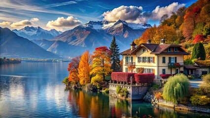 Poster - Italian style house overlooking scenic European lake with snow-capped mountains and colorful autumn trees, Italian