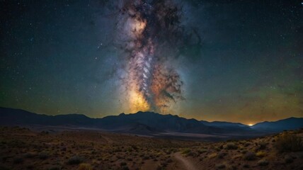 Milky Way Galaxy and Yellow Light Over Mountains in a Starry Night