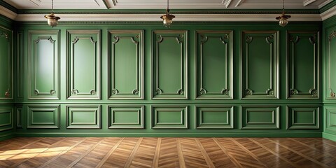 Canvas Print - Luxurious empty interior with green walls and elegant wall molding panels, luxury, classic, interior design, green