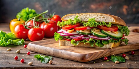 Wall Mural - Delicious sandwich with fresh ingredients on a wooden cutting board, lunch, food, meal, fresh, healthy, bread, tomato, lettuce