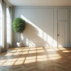 empty white room with wooden floor and potted plant