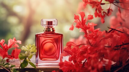 Wall Mural - Transparent red glass perfume bottle mockup with plants on background. Eau de toilette. Mockup, spring flat lay.