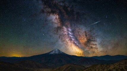 Milky Way Galaxy and Yellow Light Over Mountains in a Starry Night