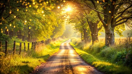 Poster - Idyllic country lane disappearing into ethereal sunlit landscape with shimmering bokeh, rural, peaceful, serene, tranquil