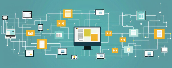 Wall Mural - A computer monitor displays a network of devices, including laptops, tablets, and cell phones. Concept of a complex and interconnected digital world, where people are constantly connected