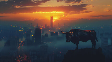 Wall Mural - A bull is standing on a hill in front of a city skyline