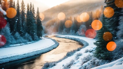 Poster - A winding river flows through a snowy forest, illuminated by warm light