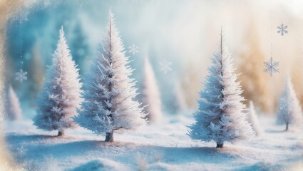 Poster - Snow-covered pine trees stand in a snowy forest with snowflakes falling