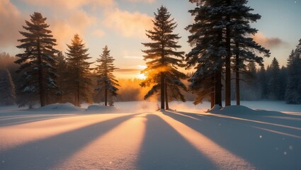 Wall Mural - A golden sunset casts long shadows across a snowy forest landscape