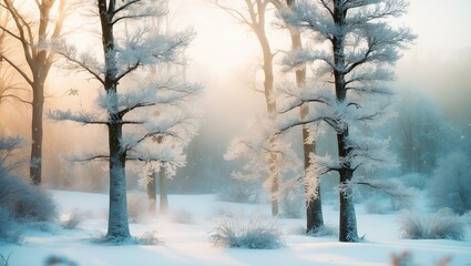 Sticker - Frozen trees in a foggy forest with winter sunlight