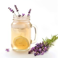 A floral-infused lavender lemonade in a mason jar, garnished with fresh lavender sprigs, isolated white background