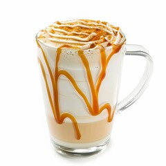 A frothy caramel macchiato with caramel drizzle, served in a clear glass mug, isolated white background