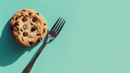 Wall Mural - Creative chocolate chip cookie composition on mint background with fork Vintage table setting with shadows and space for text