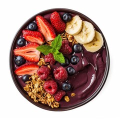 A fruity acai smoothie bowl with granola and fresh berries, isolated white background, realism art style