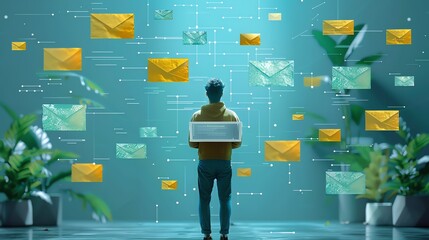 Man with laptop surrounded by email icons.
