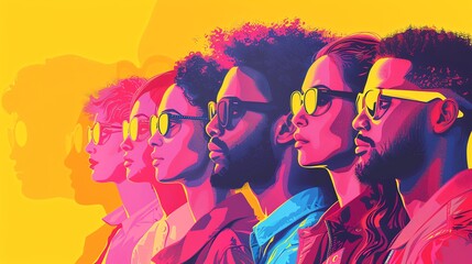 Diverse group of people in sunglasses with vibrant colors.