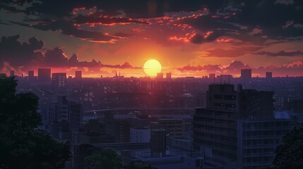 Canvas Print - city landscape view with sunset anime style