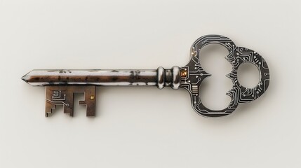 High-resolution image of an ornate antique key against a white background, showcasing intricate metalwork and vintage design details.