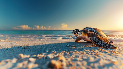 A majestic sea turtle, its intricate shell pattern glistening under the natural sunlight on a pristine sandy beach