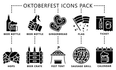 Wall Mural - Oktoberfest glyph icons pack, includes traditional Bavarian elements like beer barrels, bratwurst, accordions, beer tents, Pretzels, lederhosen, dirndls and more. vector EPS 10.