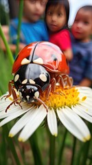 Sticker - a bug is on a flower with a ladybug on it.