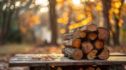 Sticker - Stacked firewood on a wooden table with autumn foliage and bokeh lights, creating a cozy, fall atmosphere.