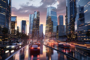 Poster - Modern cityscape with tall buildings, reflective surfaces and cars on the road