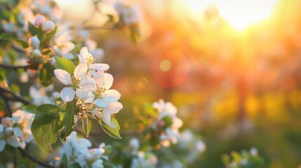 Wall Mural - Blooming apple trees in the garden during spring sunset with blurred background