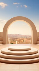 Poster - a round table with a pink top is in front of a mountain view.