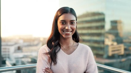 Poster - Balcony, face and woman with arms crossed for business, working and ideas for company. Workplace, Indian consultant and pride with smile for professional career, personal growth and job outdoor